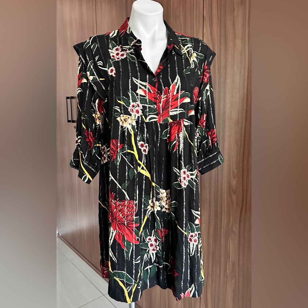 ba&sh Paprika Dress floral print Noir black mini popover swing shirtdress Size 1 - Picture 3 of 15